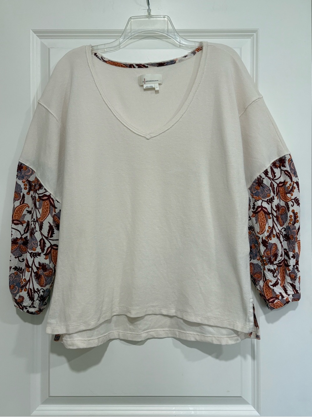 By Anthropologie Oversized Waffle Knit Top Floral Paisley Boho V-Neck Sz S - Picture 6 of 11